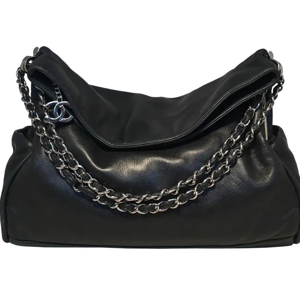 Chanel Black Soft Lambskin Leather Fold Over Shoulder Bag